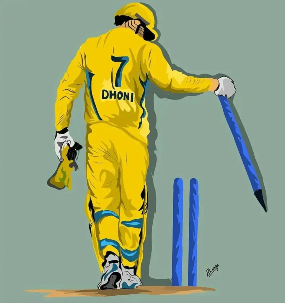A man in Yellow dress in ground jersey no. 7 look like MS Dhoni. The Image is indicate माही का जादू