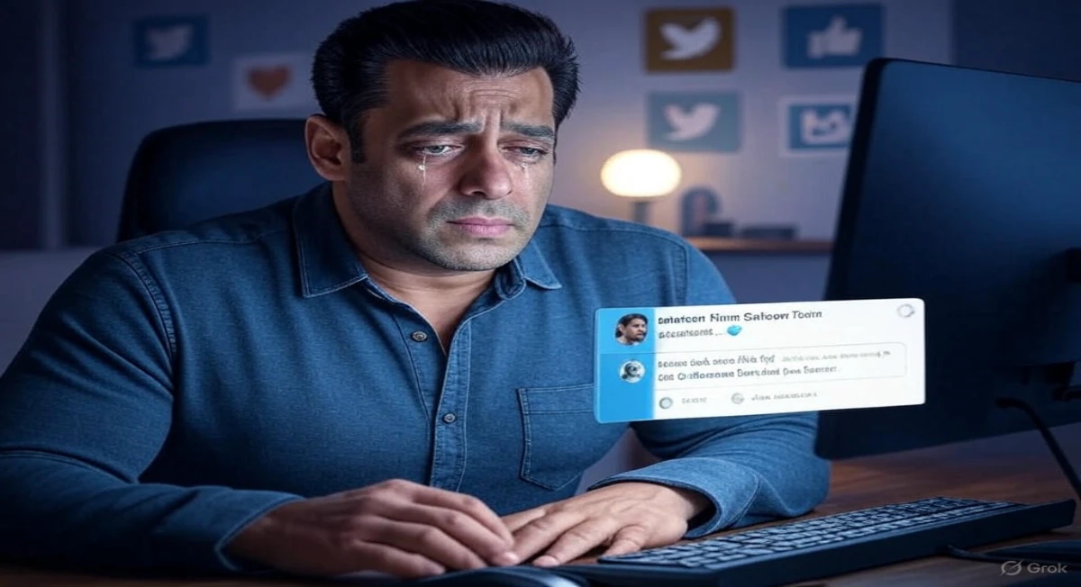 एक डिजिटल चित्र जिसमें सलमान खान कंप्यूटर डेस्क पर बैठे हैं, उनके चेहरे पर पछतावे और उदासी के भाव हैं। वह स्क्रीन पर एक ट्वीट डिलीट कर रहे हैं, और उनकी आँखों में आंसू हैं। कमरे में हल्की रोशनी है, और कंप्यूटर स्क्रीन की चमक उनके चेहरे को रोशन कर रही है। पृष्ठभूमि में सोशल मीडिया के आइकन और एक तनावपूर्ण माहौल है, जो इस क्षण की भावनात्मक गंभीरता को दर्शाता है।